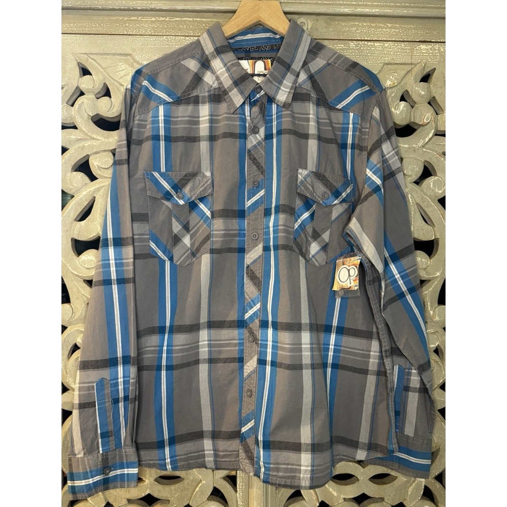 OP Ocean Pacific Mens 2XL Gray Blue Plaid Button Front Shirt NWT Long Sleeve